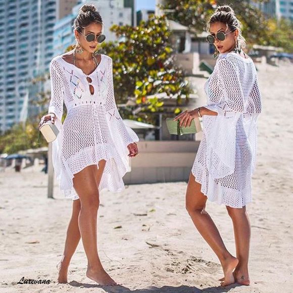 Sexy Crochet Dress Cover Up Long Sleeve Hollow Out - Picture 2 of 4